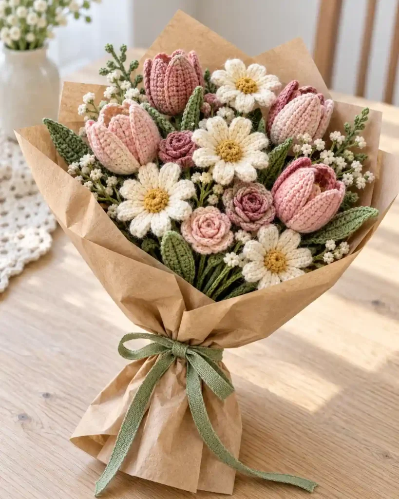 Handmade mixed crochet flower bouquet photographed as a crochet Mother’s Day gift, with clear stitching and an uncluttered background.