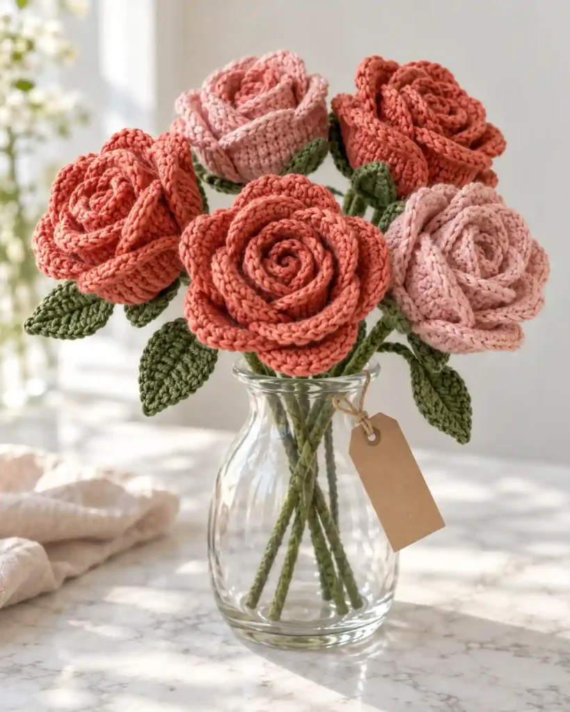 Handmade classic crochet rose bouquet photographed as a crochet Mother’s Day gift, with clear stitching and an uncluttered background.