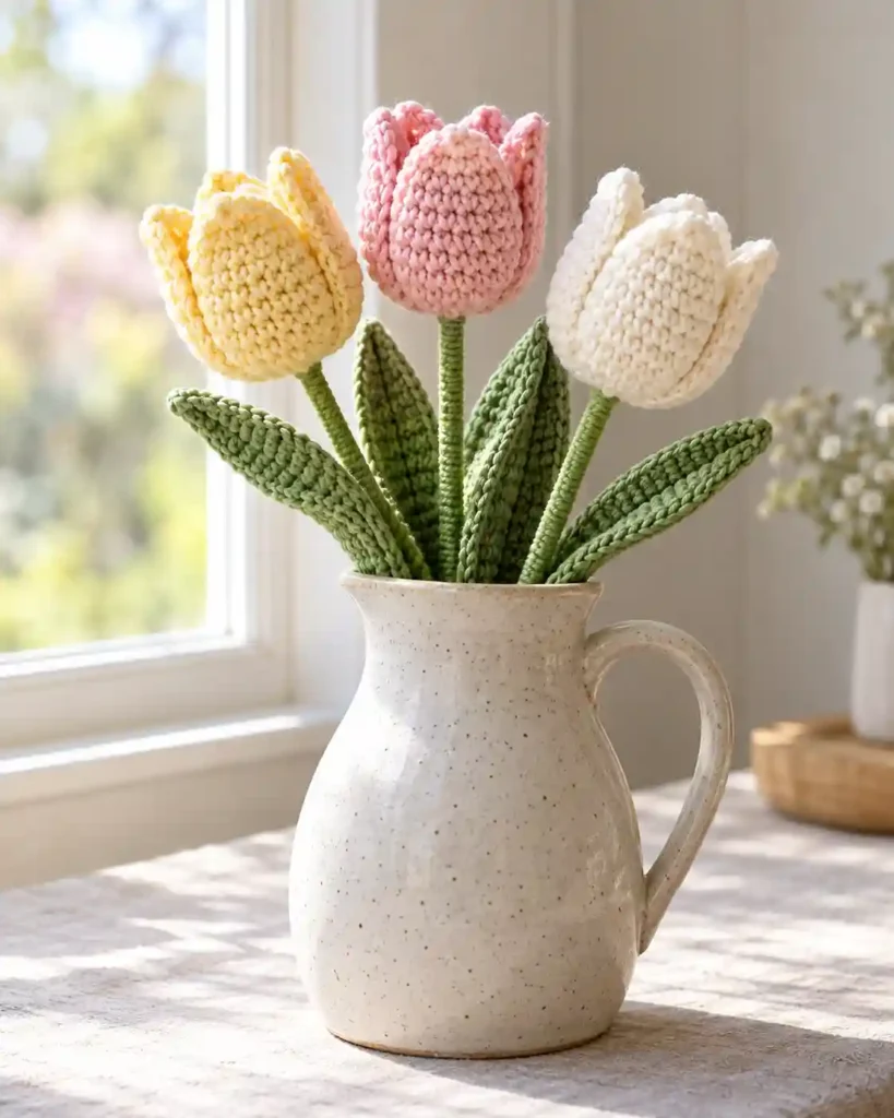 Handmade soft pastel crochet tulip stems photographed as a crochet Mother’s Day gift, with clear stitching and an uncluttered background.