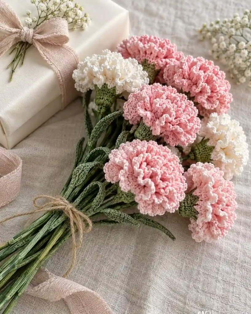 Handmade crochet carnation flower bunch photographed as a crochet Mother’s Day gift, with clear stitching and an uncluttered background.