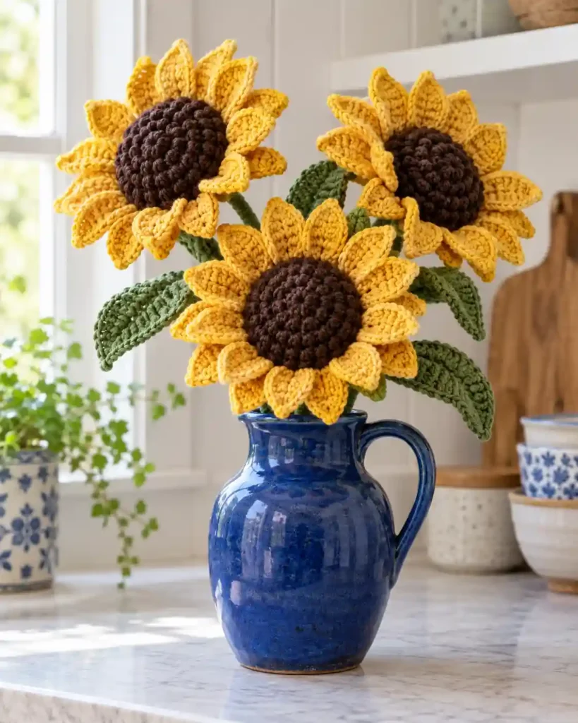 Handmade cheerful crochet sunflower stems photographed as a crochet Mother’s Day gift, with clear stitching and an uncluttered background.