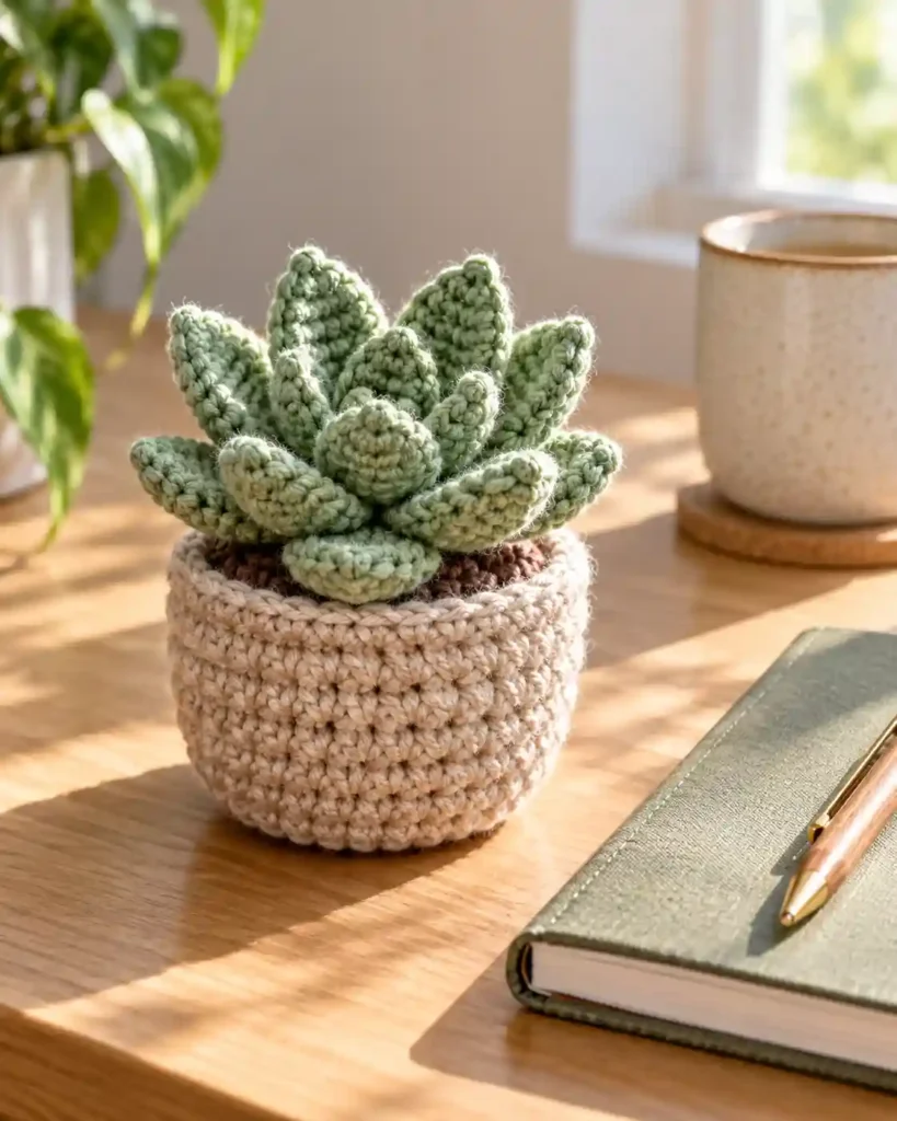 Handmade low-maintenance potted crochet succulent photographed as a crochet Mother’s Day gift, with clear stitching and an uncluttered background.