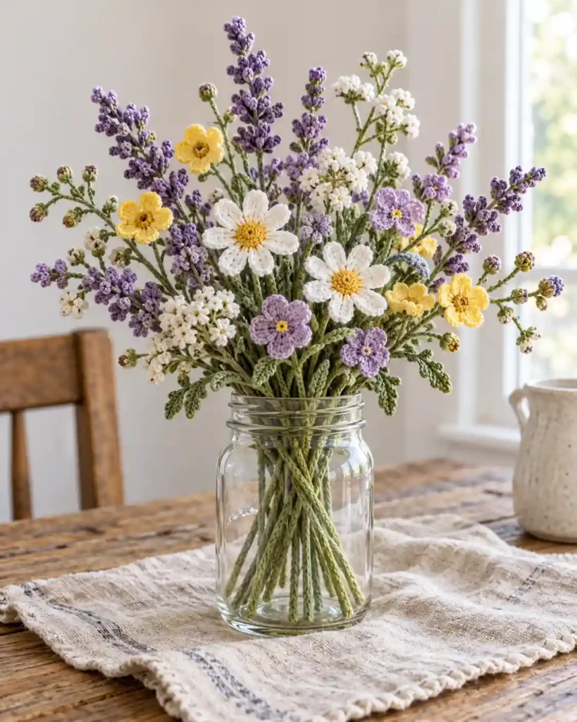 Handmade wildflower bouquet in a mason jar photographed as a crochet Mother’s Day gift, with clear stitching and an uncluttered background.