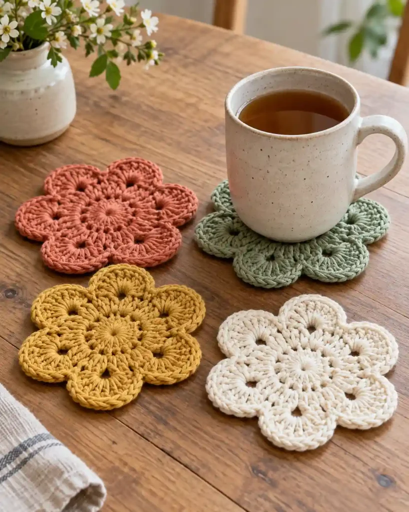 Handmade flower-shaped crochet coaster set photographed as a crochet Mother’s Day gift, with clear stitching and an uncluttered background.