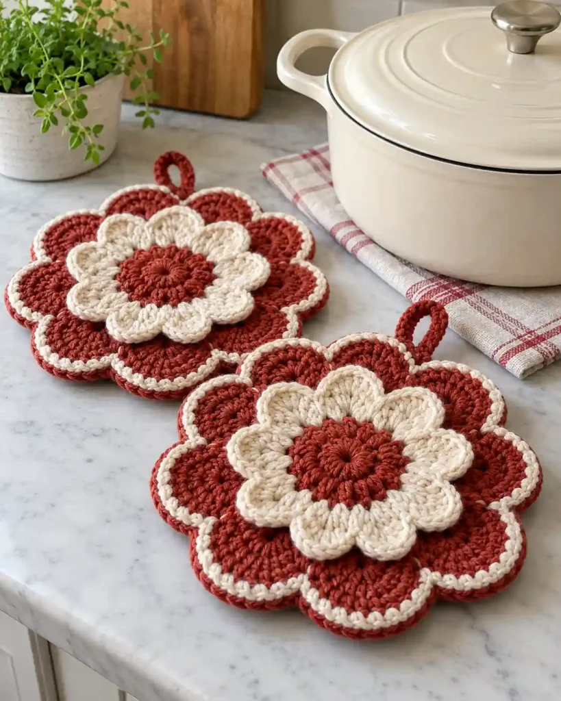 Handmade floral crochet potholder or hot pad photographed as a crochet Mother’s Day gift, with clear stitching and an uncluttered background.