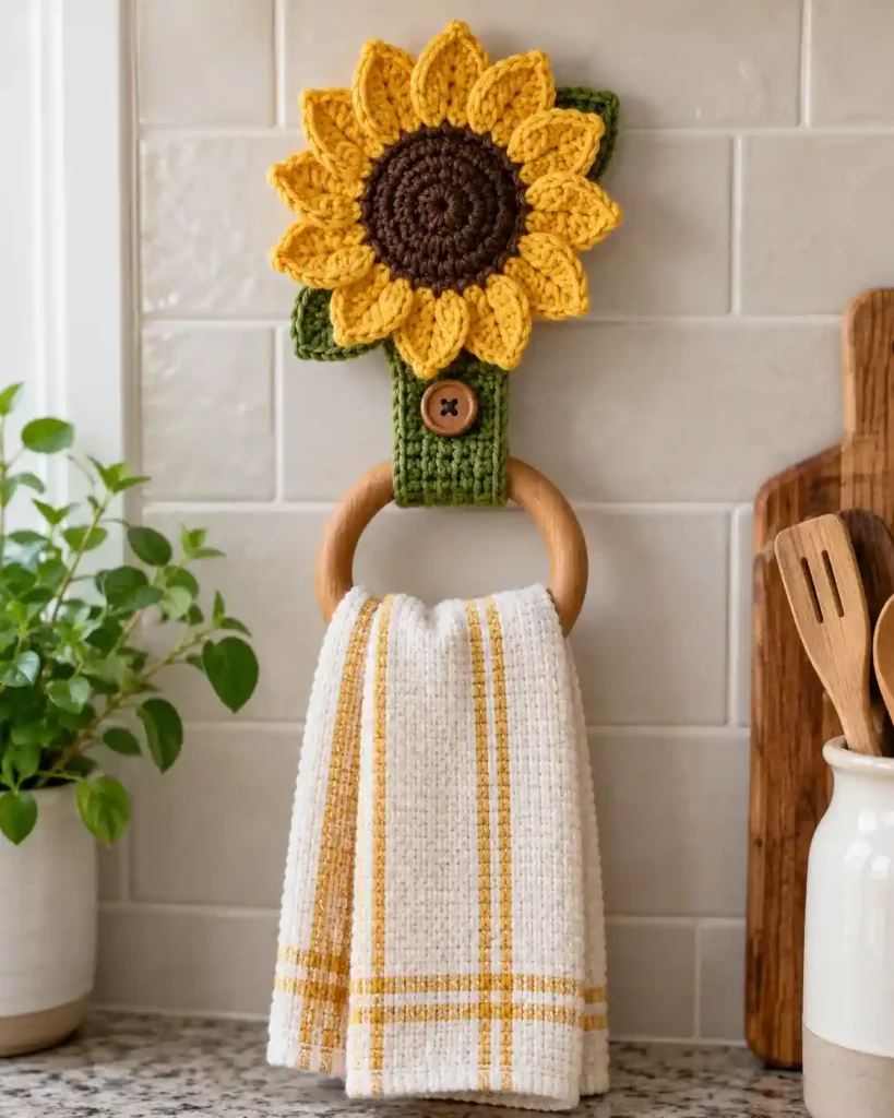 Handmade crochet sunflower towel holder photographed as a crochet Mother’s Day gift, with clear stitching and an uncluttered background.