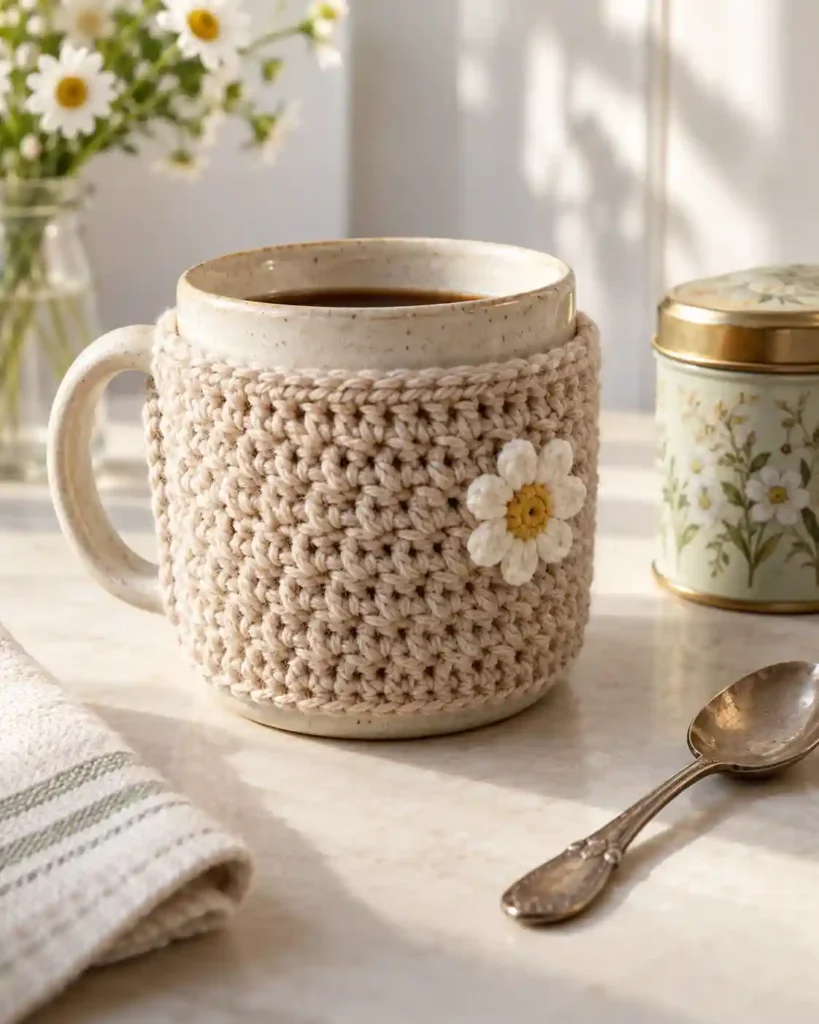 Handmade daisy-appliqué mug cozy photographed as a crochet Mother’s Day gift, with clear stitching and an uncluttered background.