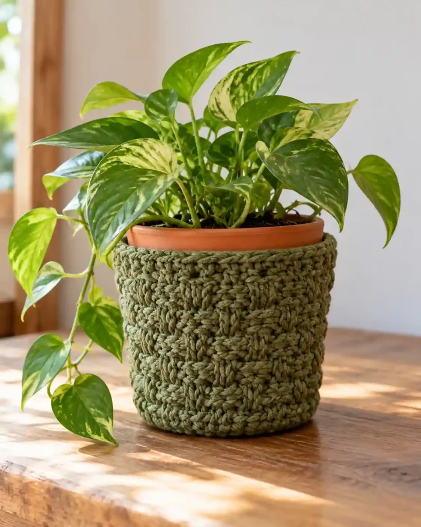 Handmade textured crochet plant-pot cozy photographed as a crochet Mother’s Day gift, with clear stitching and an uncluttered background.