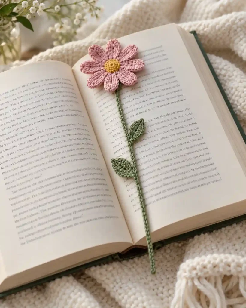 Handmade slim crochet flower bookmark photographed as a crochet Mother’s Day gift, with clear stitching and an uncluttered background.