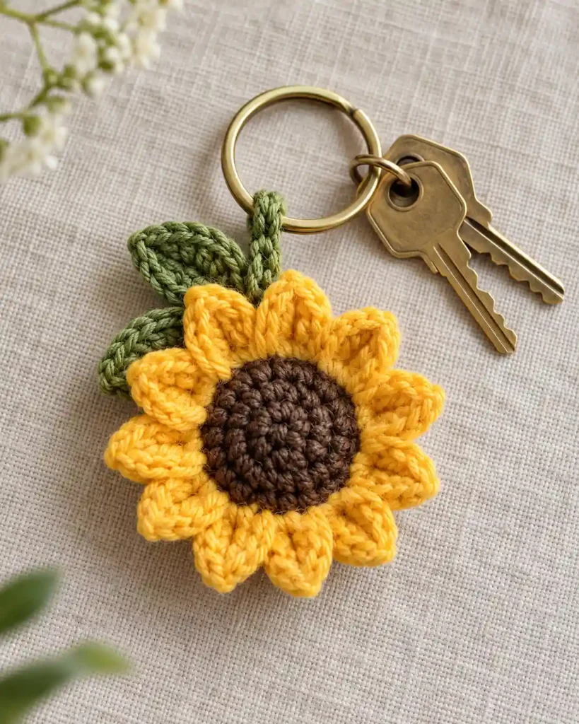 Handmade sunflower crochet keychain photographed as a crochet Mother’s Day gift, with clear stitching and an uncluttered background.