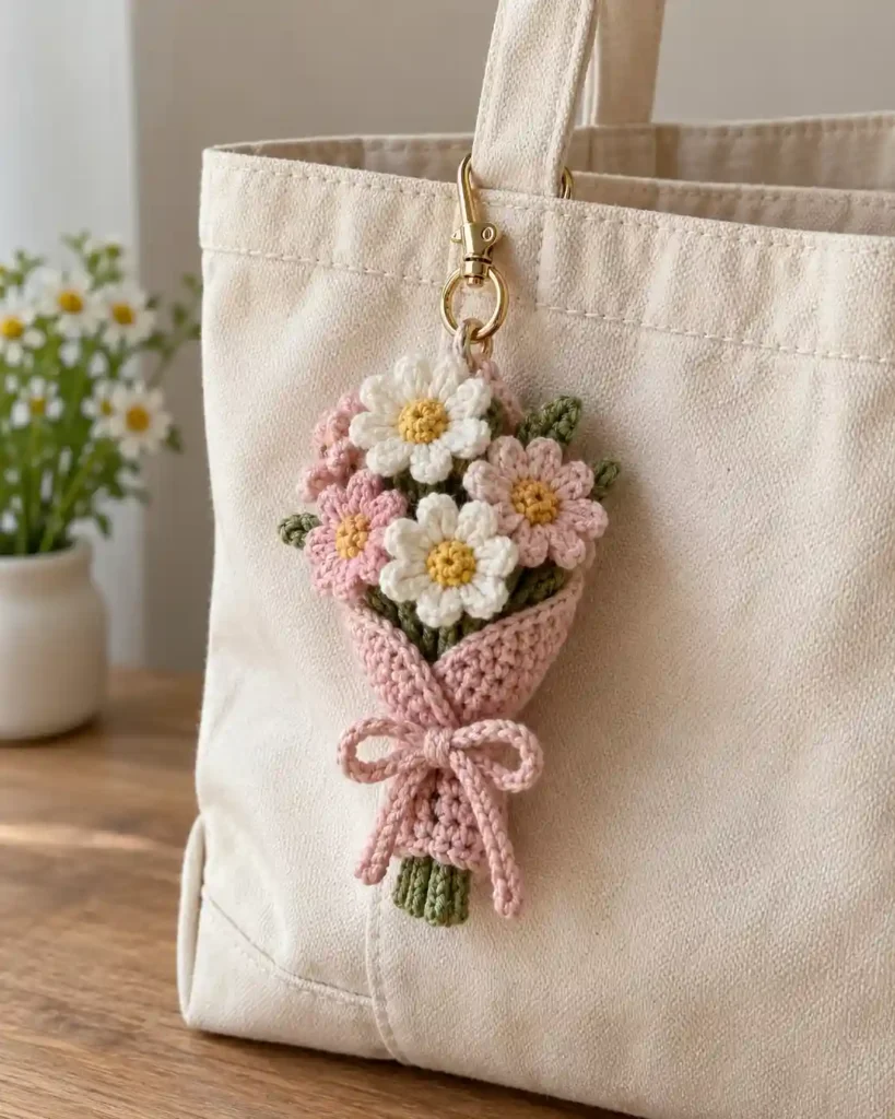 Handmade mini daisy bouquet bag charm photographed as a crochet Mother’s Day gift, with clear stitching and an uncluttered background.