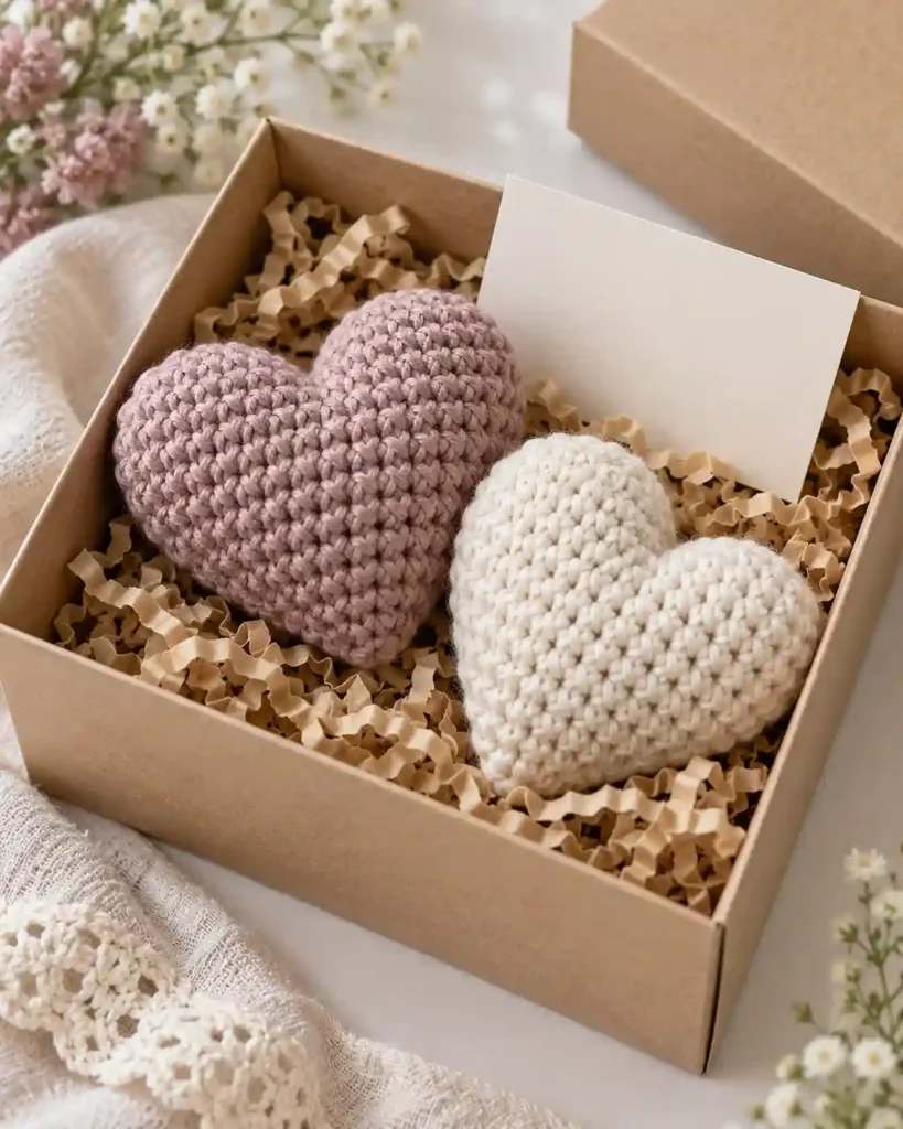 Handmade soft crochet heart keepsake photographed as a crochet Mother’s Day gift, with clear stitching and an uncluttered background.