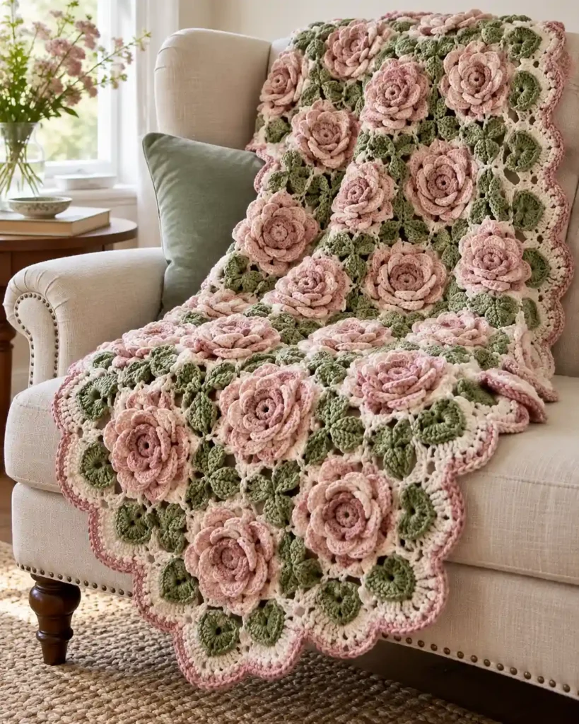 Handmade rose-bouquet crochet blanket photographed as a crochet Mother’s Day gift, with clear stitching and an uncluttered background.