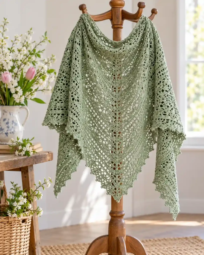 Handmade lightweight crochet shawl for mom photographed as a crochet Mother’s Day gift, with clear stitching and an uncluttered background.