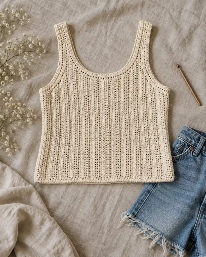 Easy Ribbed Crochet Tank Top in a styled editorial photograph highlighting handmade stitches and garment shape.