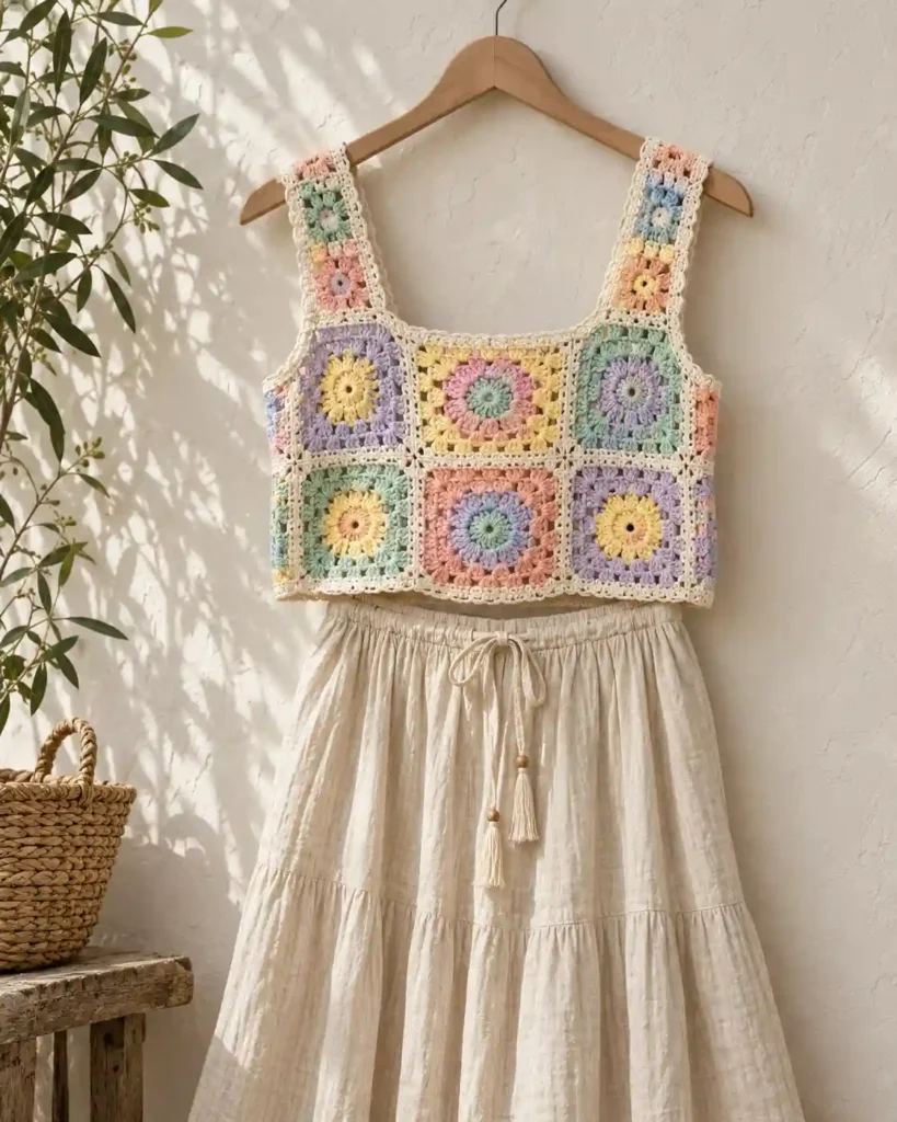 Granny Square Crochet Crop Top in a styled editorial photograph highlighting handmade stitches and garment shape.