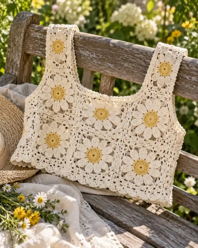 Daisy Crochet Crop Top in a styled editorial photograph highlighting handmade stitches and garment shape.