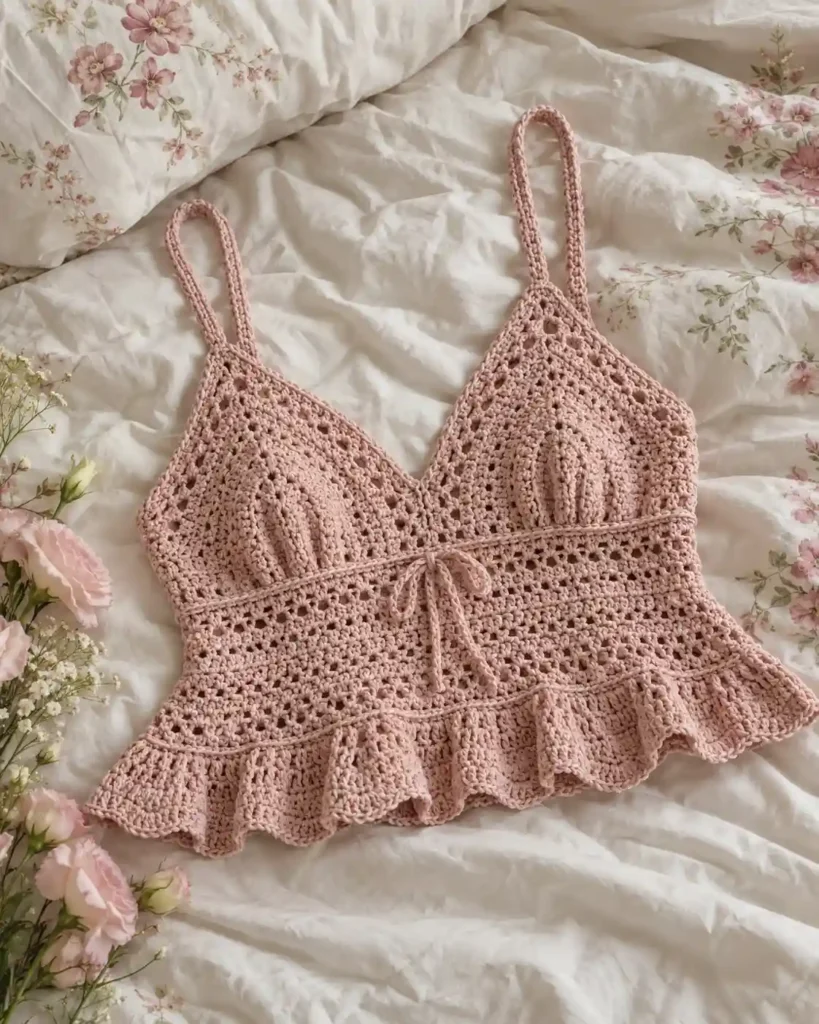 Ruffled Crochet Camisole in a styled editorial photograph highlighting handmade stitches and garment shape.