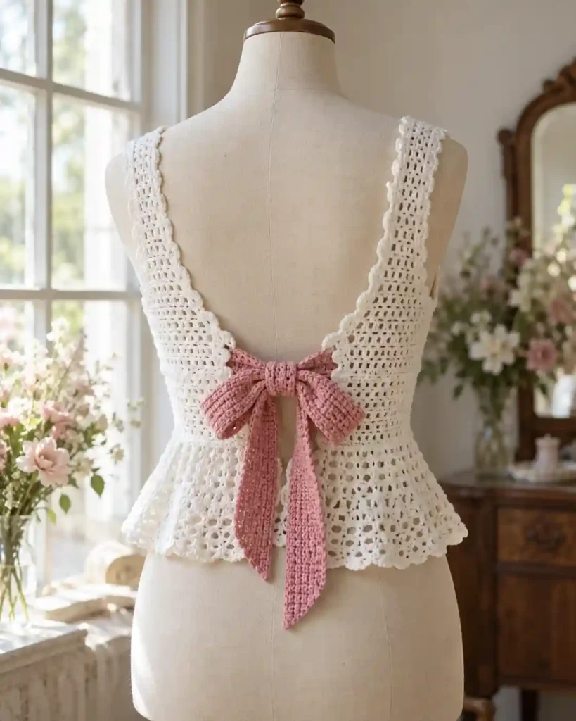 Crochet Tie-Back Bow Top in a styled editorial photograph highlighting handmade stitches and garment shape.