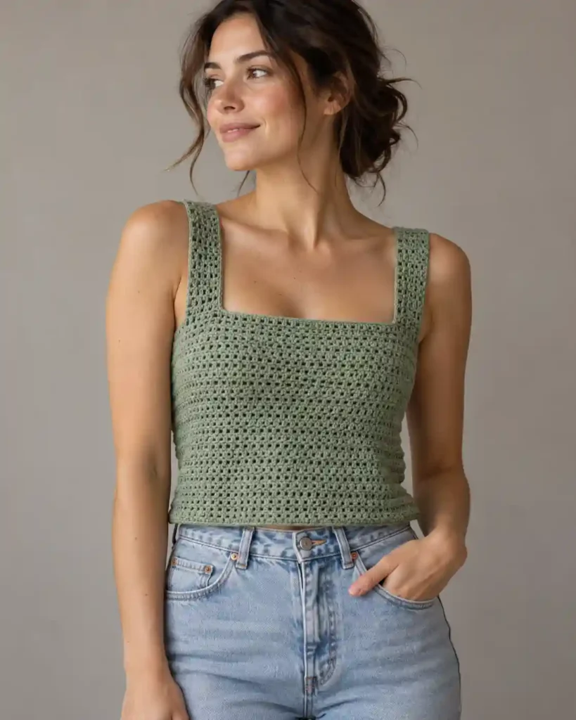 Square-Neck Crochet Tank in a styled editorial photograph highlighting handmade stitches and garment shape.
