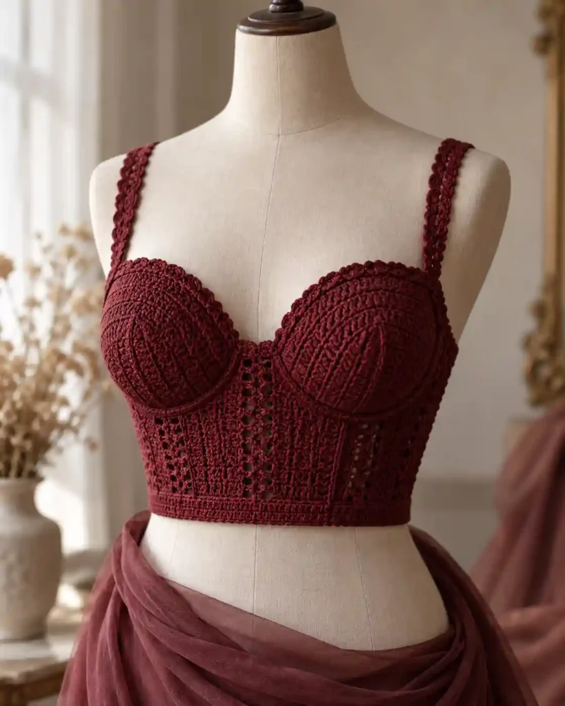 Sweetheart Crochet Bustier Top in a styled editorial photograph highlighting handmade stitches and garment shape.