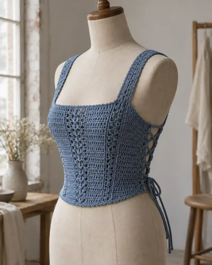 Lace-Up Crochet Corset-Inspired Top in a styled editorial photograph highlighting handmade stitches and garment shape.