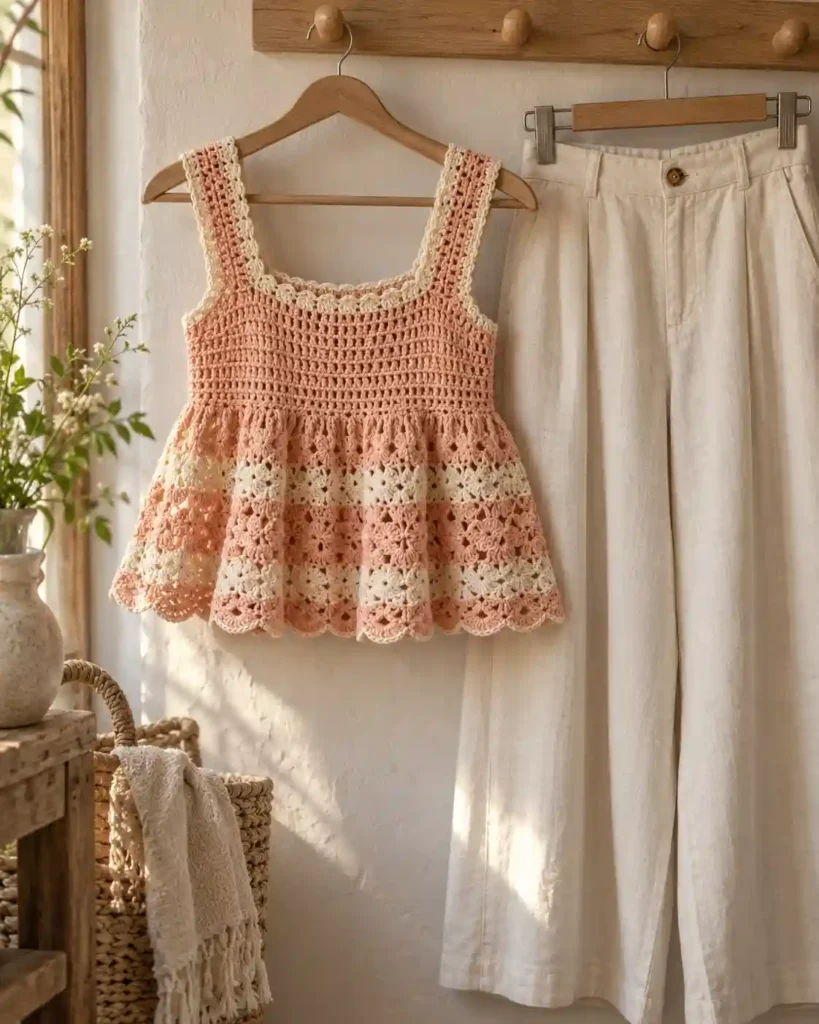 Crochet Babydoll Peplum Top in a styled editorial photograph highlighting handmade stitches and garment shape.