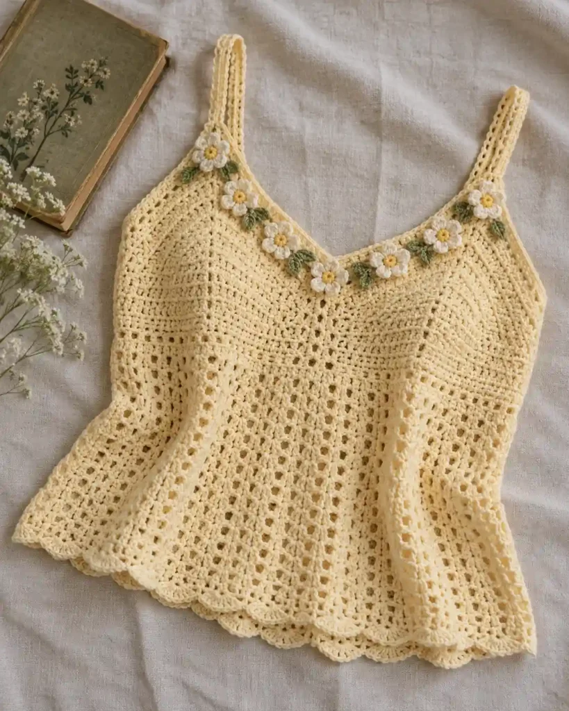 Floral Motif Crochet Camisole in a styled editorial photograph highlighting handmade stitches and garment shape.