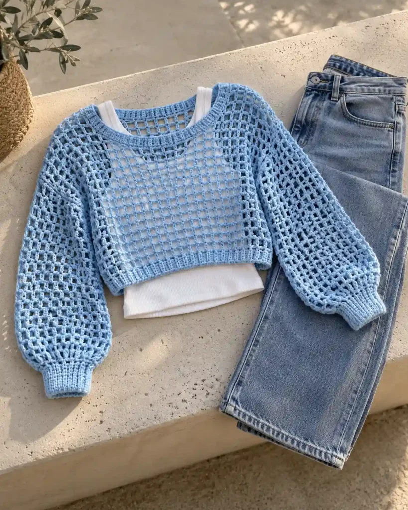 Long-Sleeve Crochet Mesh Top in a styled editorial photograph highlighting handmade stitches and garment shape.
