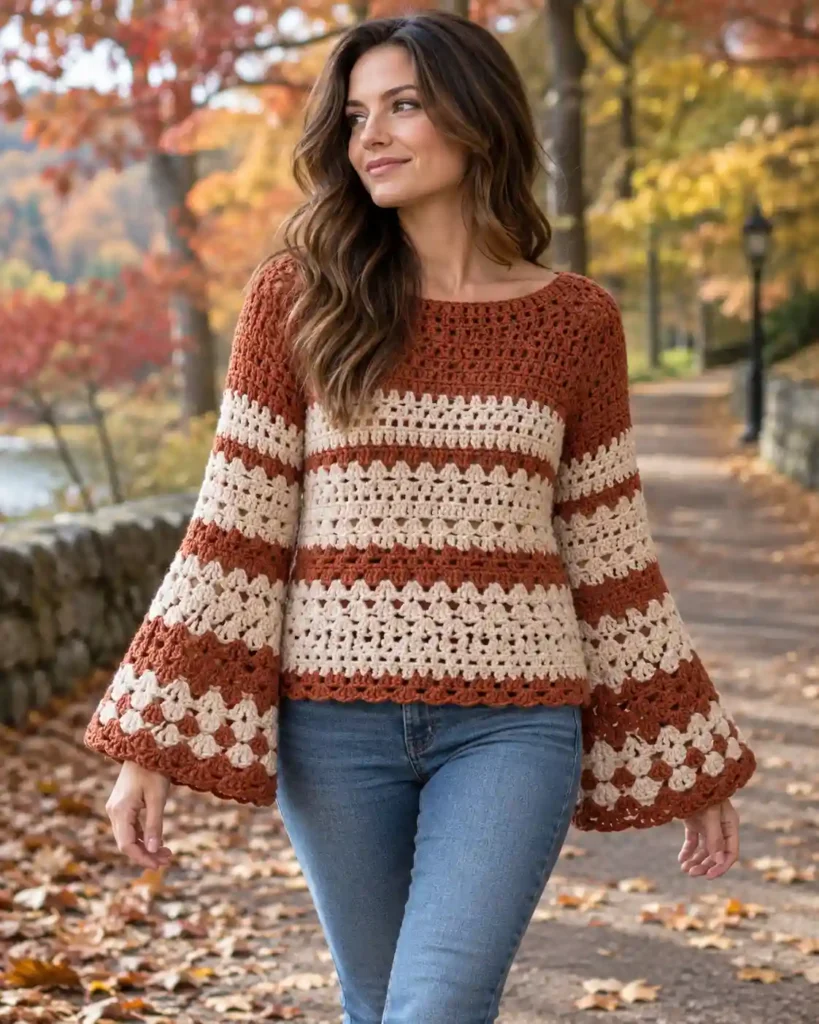 Bell-Sleeve Crochet Pullover Top in a styled editorial photograph highlighting handmade stitches and garment shape.