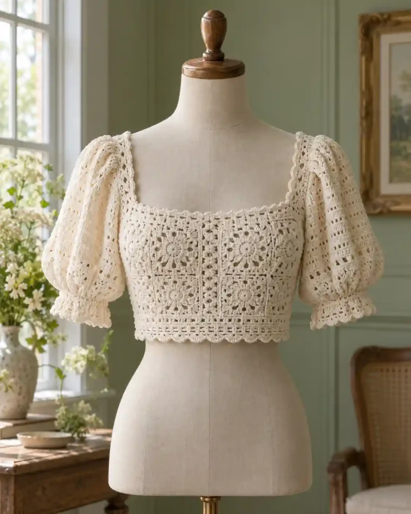 Puff-Sleeve Crochet Blouse in a styled editorial photograph highlighting handmade stitches and garment shape.