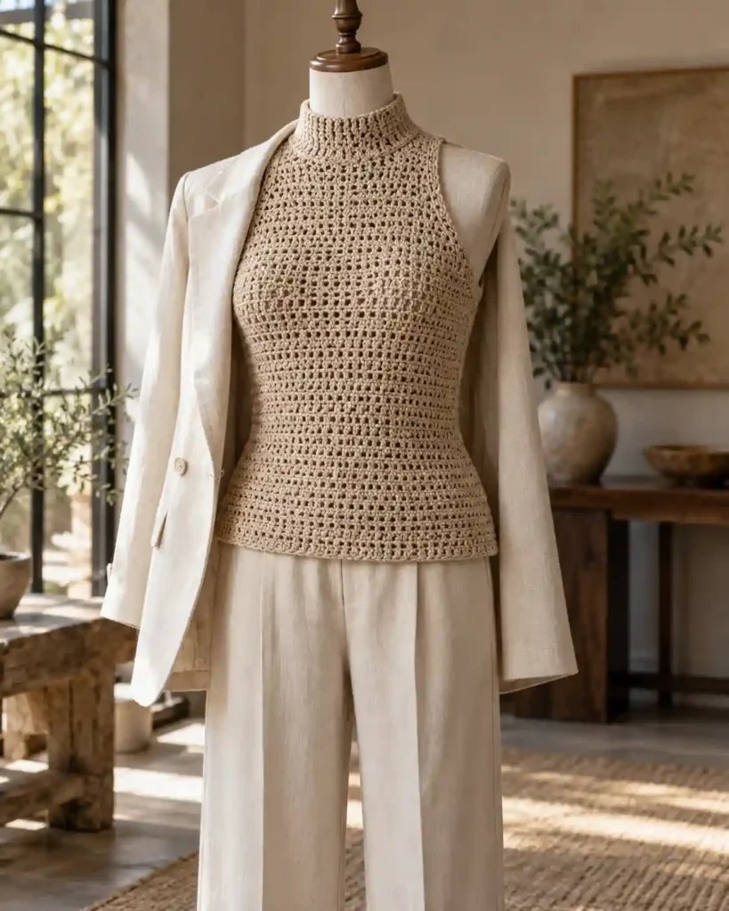 High-Neck Modest Crochet Shell in a styled editorial photograph highlighting handmade stitches and garment shape.