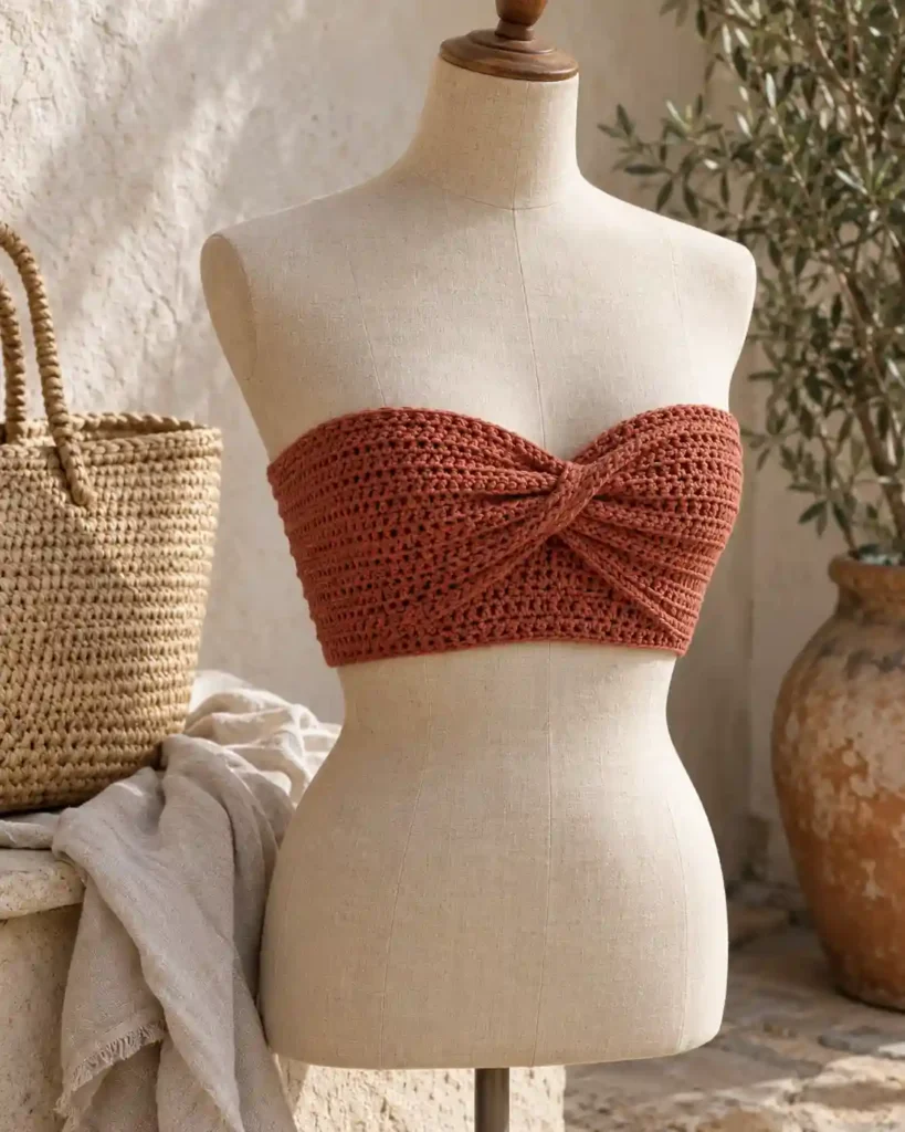 Twist-Front Crochet Bandeau Top in a styled editorial photograph highlighting handmade stitches and garment shape.