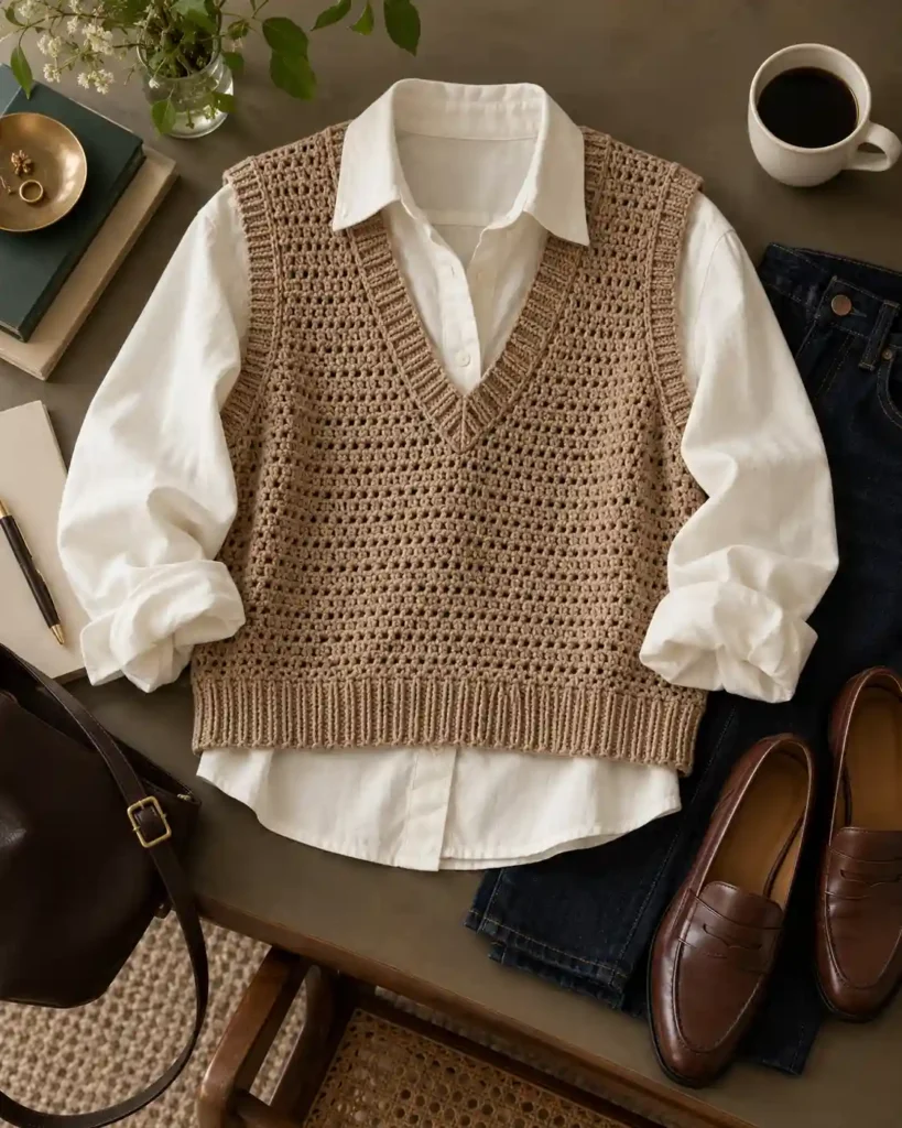 Crochet Vest as a Layering Top in a styled editorial photograph highlighting handmade stitches and garment shape.
