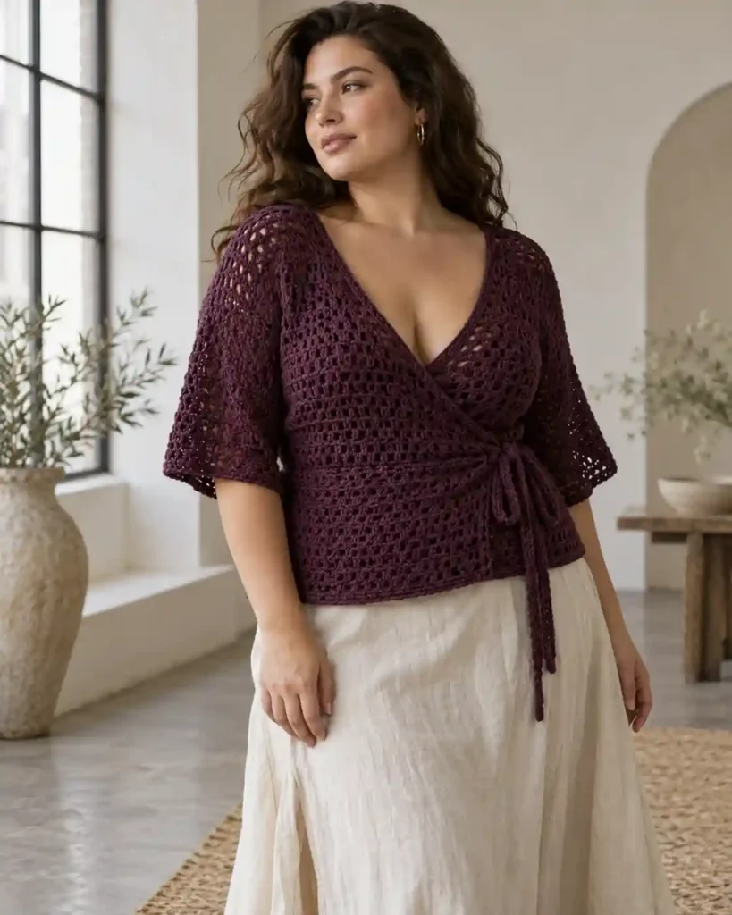 Adjustable Wrap-Front Crochet Top in a styled editorial photograph highlighting handmade stitches and garment shape.