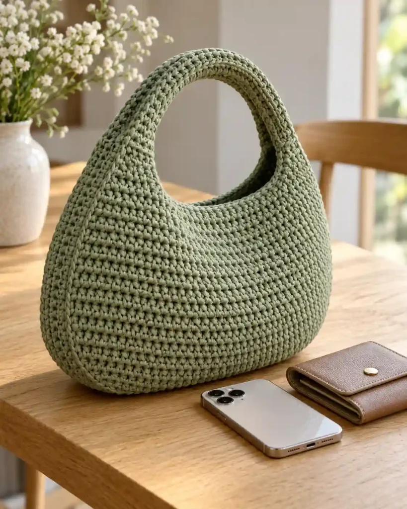Sage cotton crochet donut handle bag beside a phone and wallet, with the handle join clearly visible.