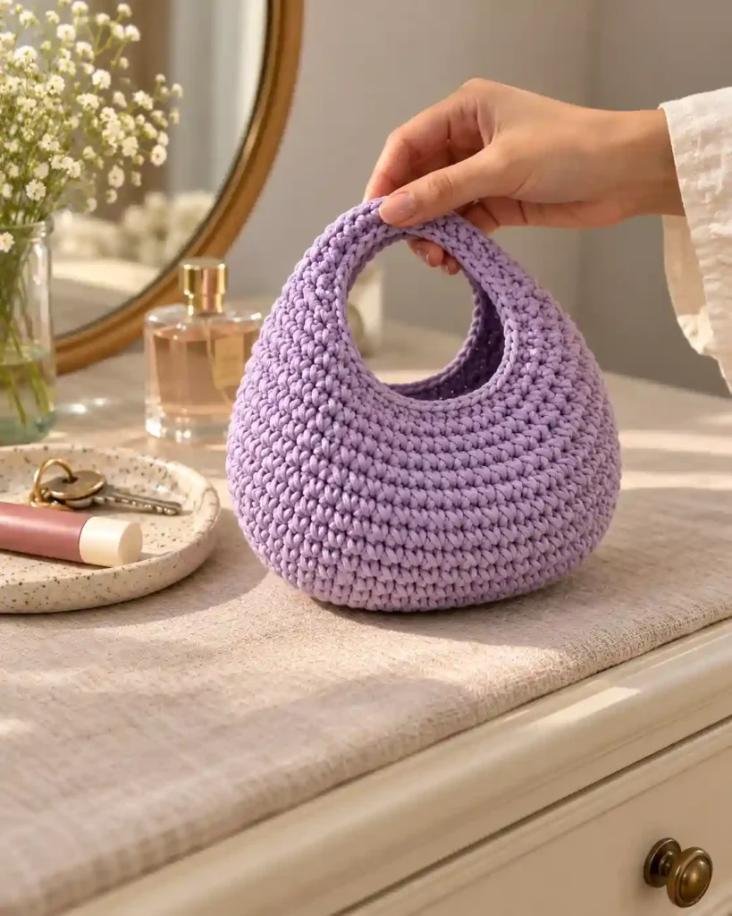 Lavender mini crochet donut wristlet beside a key and lip balm, shown at hand scale.