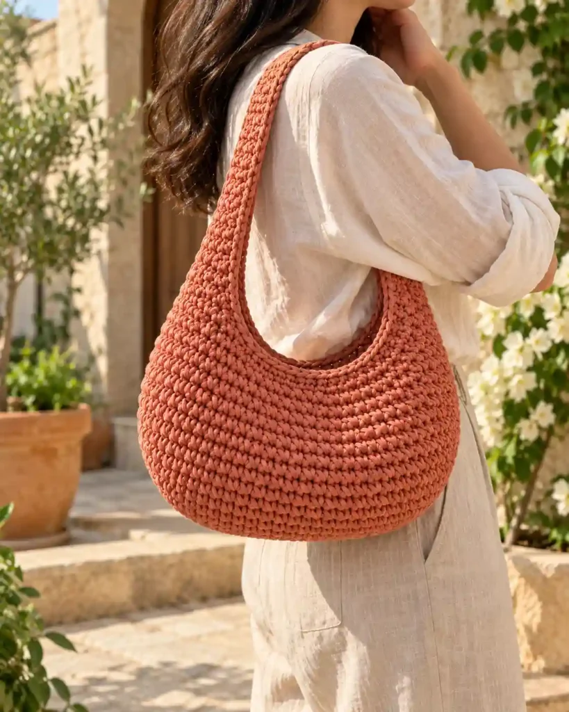 Terracotta crochet donut shoulder bag worn with a linen shirt, showing the longer handle and strap drop.
