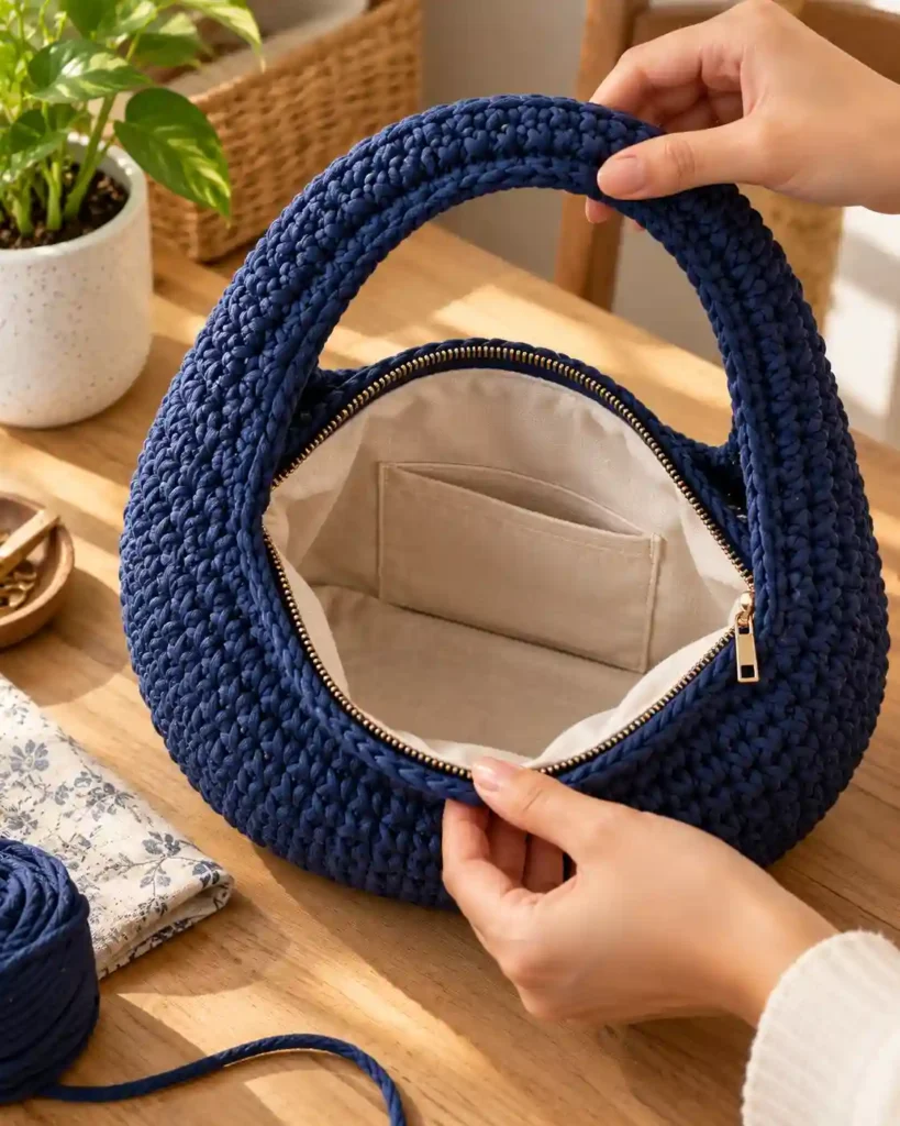 Open navy crochet donut bag showing a fitted lining, zipper closure and small inside pocket.