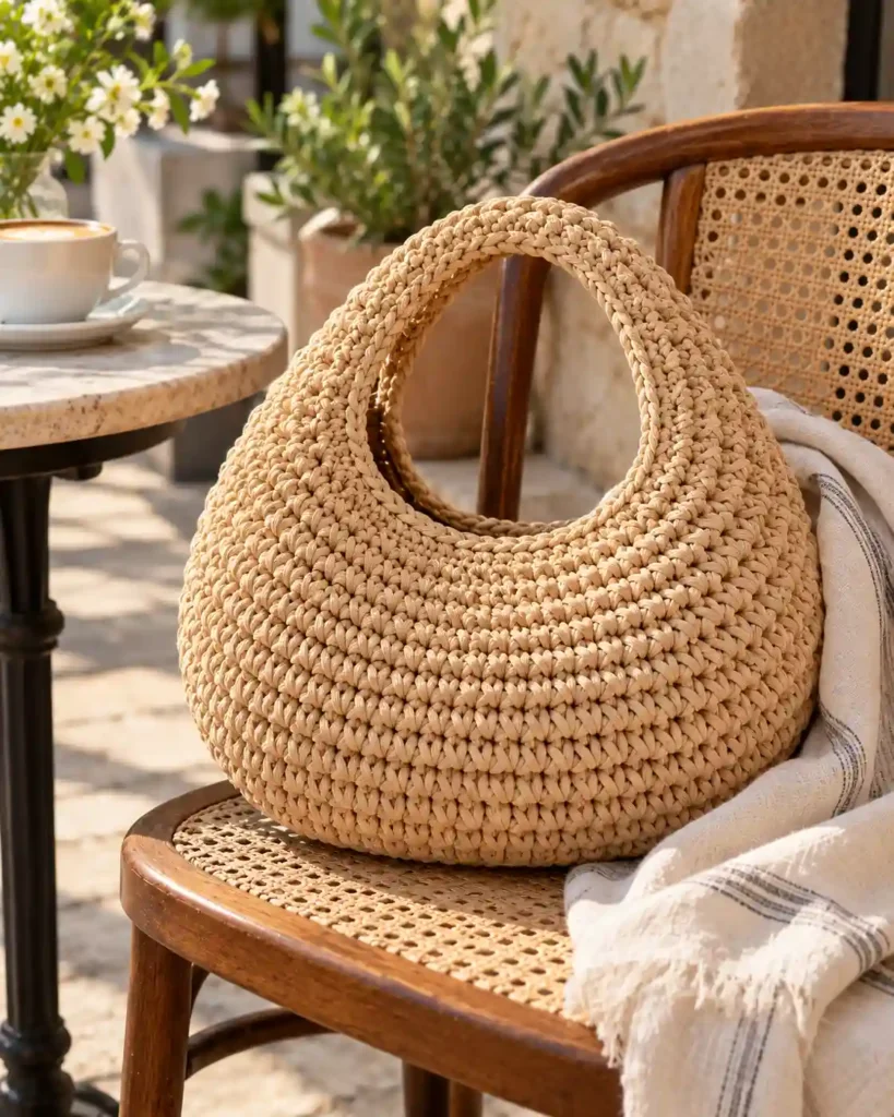 Sand raffia-look crochet donut bag on a café chair with a linen scarf and visible ribbon-like fibers.