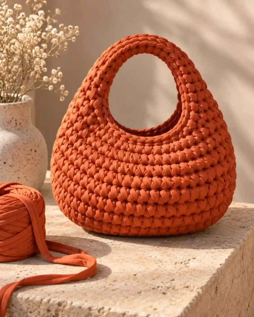 Burnt-orange donut handle bag made with chunky t-shirt yarn, showing thick stitches and a rounded handle.