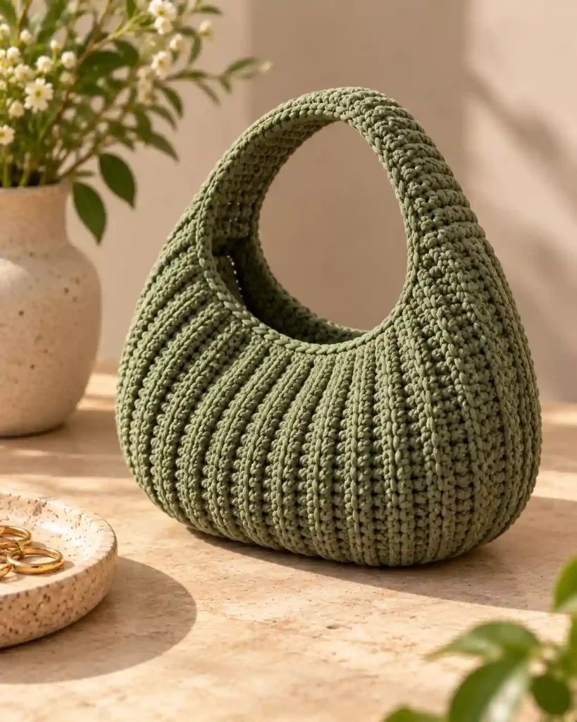Moss-green ribbed crochet mini hobo bag with an oval base and integrated rounded handle.