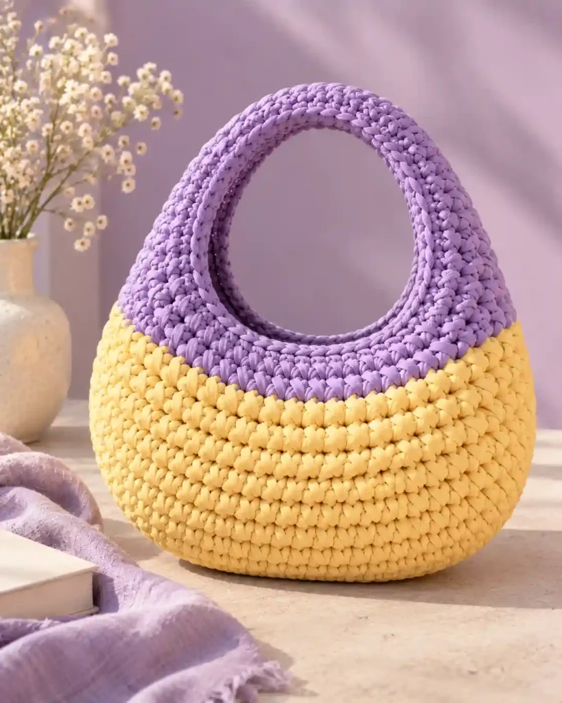 Two-tone crochet donut bag with a pale yellow body, lavender handle and clean color-change boundary.