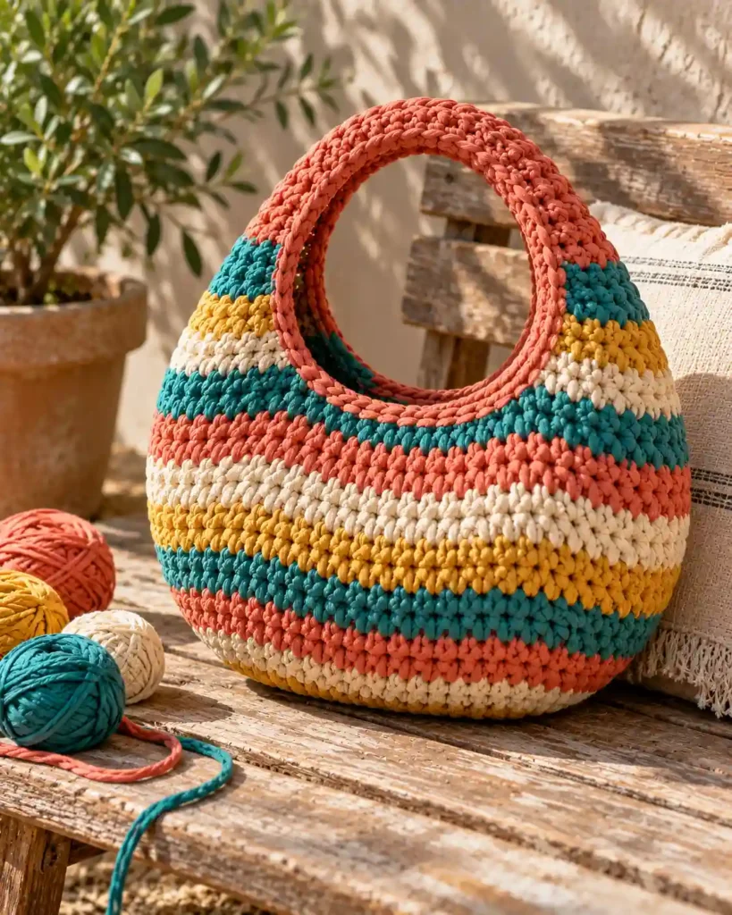 Striped crochet donut bag in coral, teal, mustard and cream beside matching leftover yarn balls.