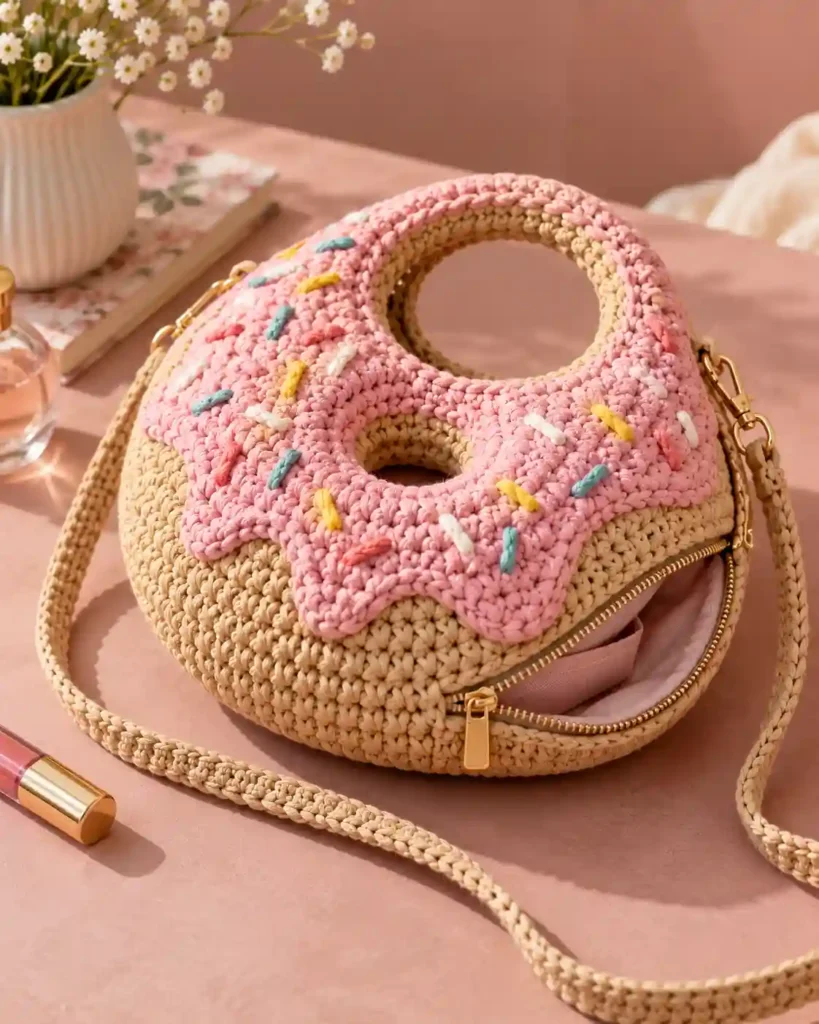 Pink-frosted crochet donut purse with embroidered sprinkles, shoulder strap and a lined zipper compartment.