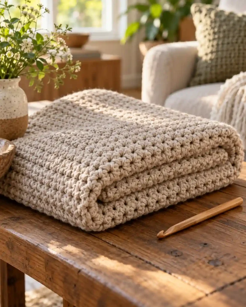 One-Row Repeat Crochet Lap Blanket showing simple repeat pattern and tidy edges in an approachable neutral palette.