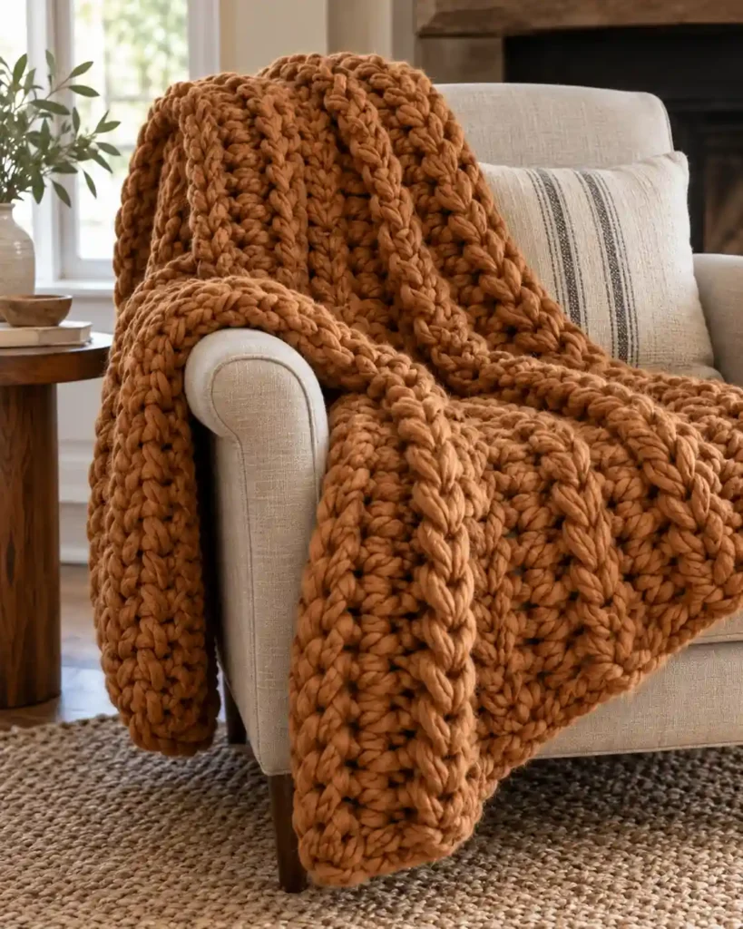Super-Bulky Chunky Yarn Lapghan showing fast-working plush yarn texture, without overstating completion time.