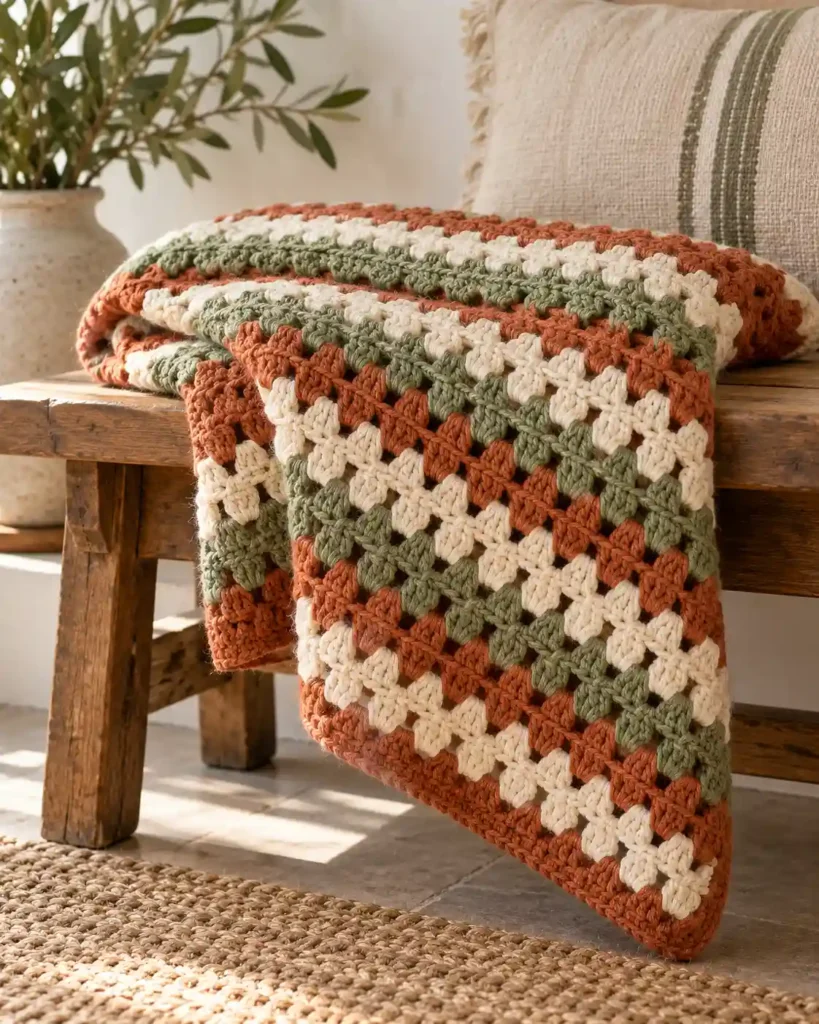 Granny Stitch Striped Lap Blanket showing clearly defined granny-stitch clusters and color stripes.