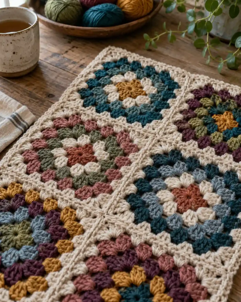 Granny Square Patchwork Lapghan showing modular patchwork construction with obvious square motifs.