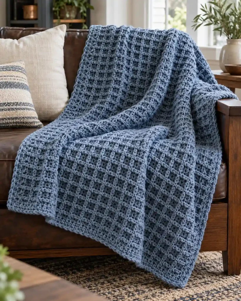 Cozy Waffle-Stitch Lap Blanket showing touchable grid texture and substantial winter warmth.